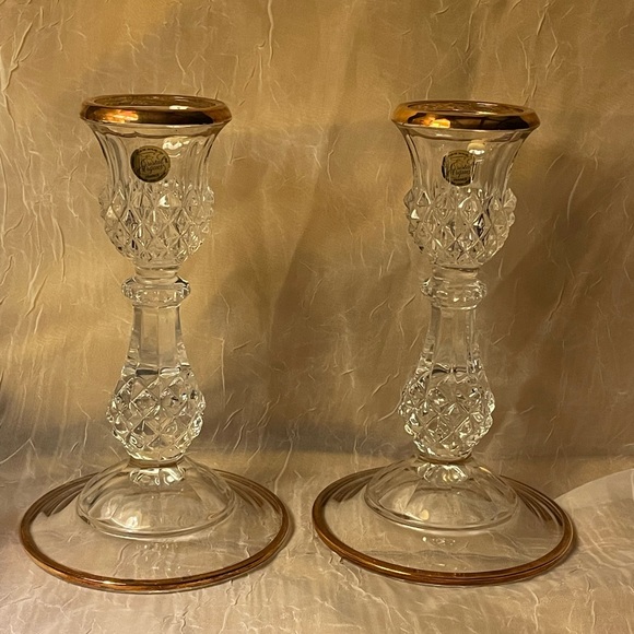Cristal D’Arques-set of 2- candle holders genuine lead crystal/gold rim & bottom - Picture 1 of 9